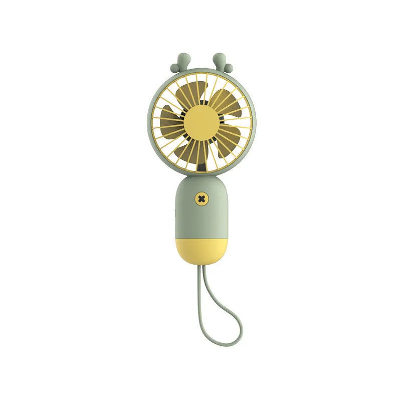 Handheld portable mini fan in green, pink, purple, or white, made from ABS and silicone with 500mAh battery