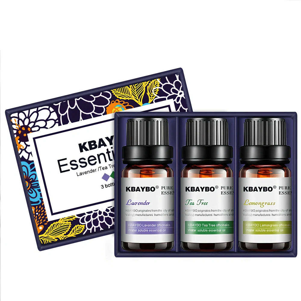 Three 10ml bottles of water-soluble aromatherapy fragrances in lavender, green tea, and lemon vanilla scents