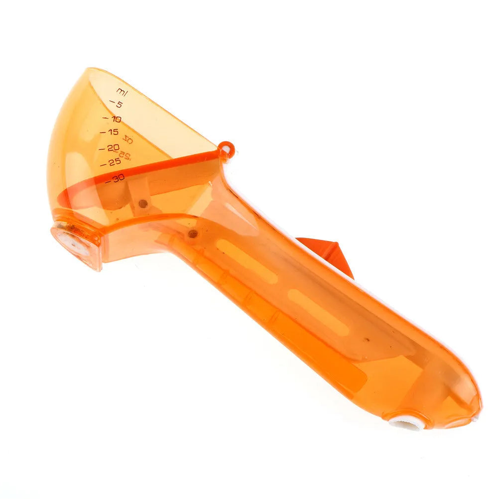 Orange and blue digital measuring spoon set showing measurement units and ergonomic handle.