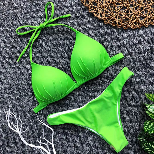 One-piece bra hanging neck bikini in various colors for swimming and wading sports