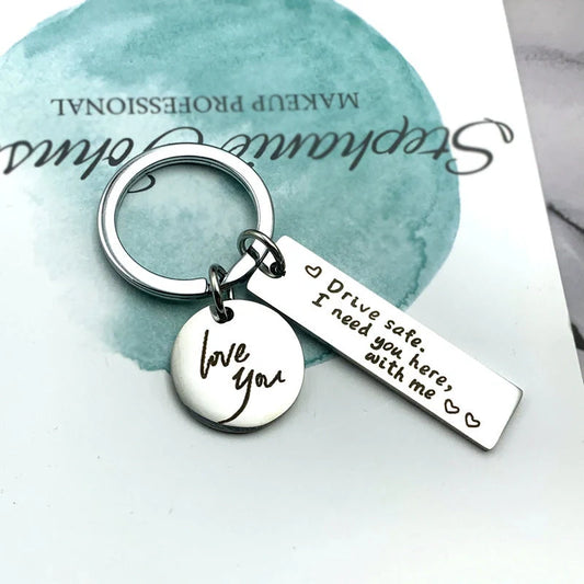 Stylish stainless steel safe driving keychain with unique message