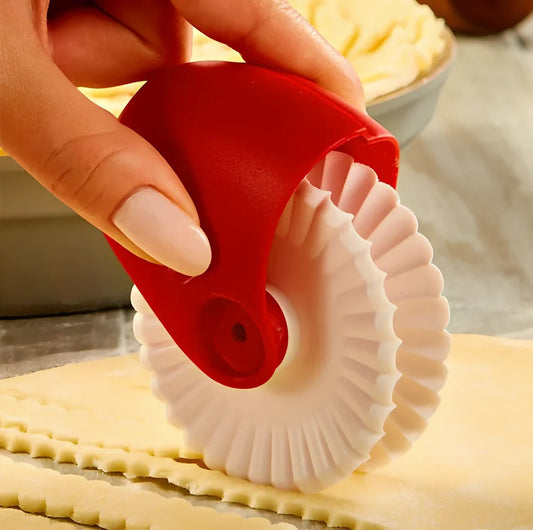 Red and white plastic pastry dough lattice cutter for pie decoration, measuring about 10*8cm