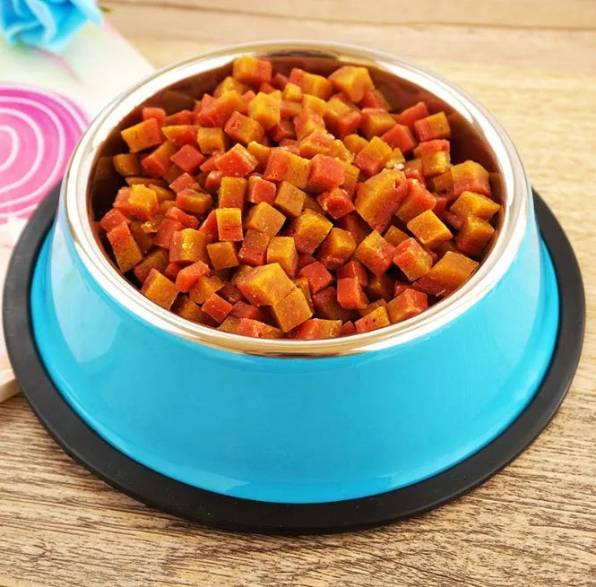 Stainless steel pet bowl with colourful melamine exterior in various sizes with non-slip rubber base