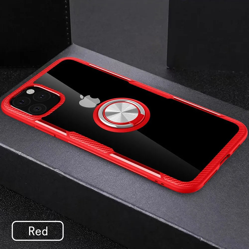 iPhone 11 Pro Max case with car holder arm in navy blue, showing PU material and button access.