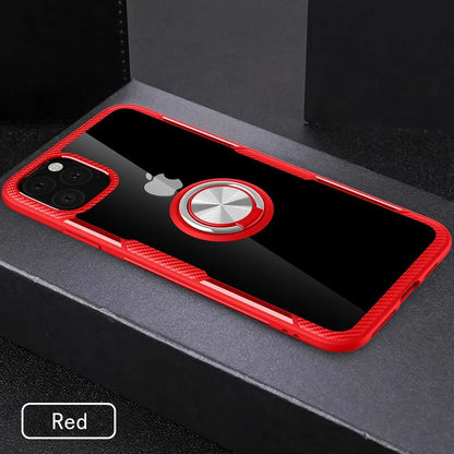 iPhone 11 Pro Max case with car holder arm in navy blue, showing PU material and button access.