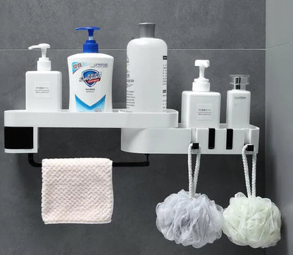 White and grey adhesive wall-mounted corner shelf unit for bathroom or kitchen.