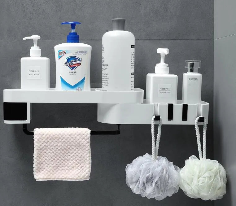 Corner shelf unit for bathroom or kitchen with adhesive wall-mounting in two colour options: white and black or white and grey