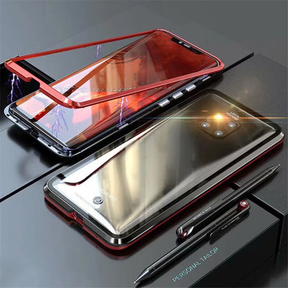 Magnetic phone case with 9H tempered glass back and metal frame for Huawei smartphones in black, blue, red, or white