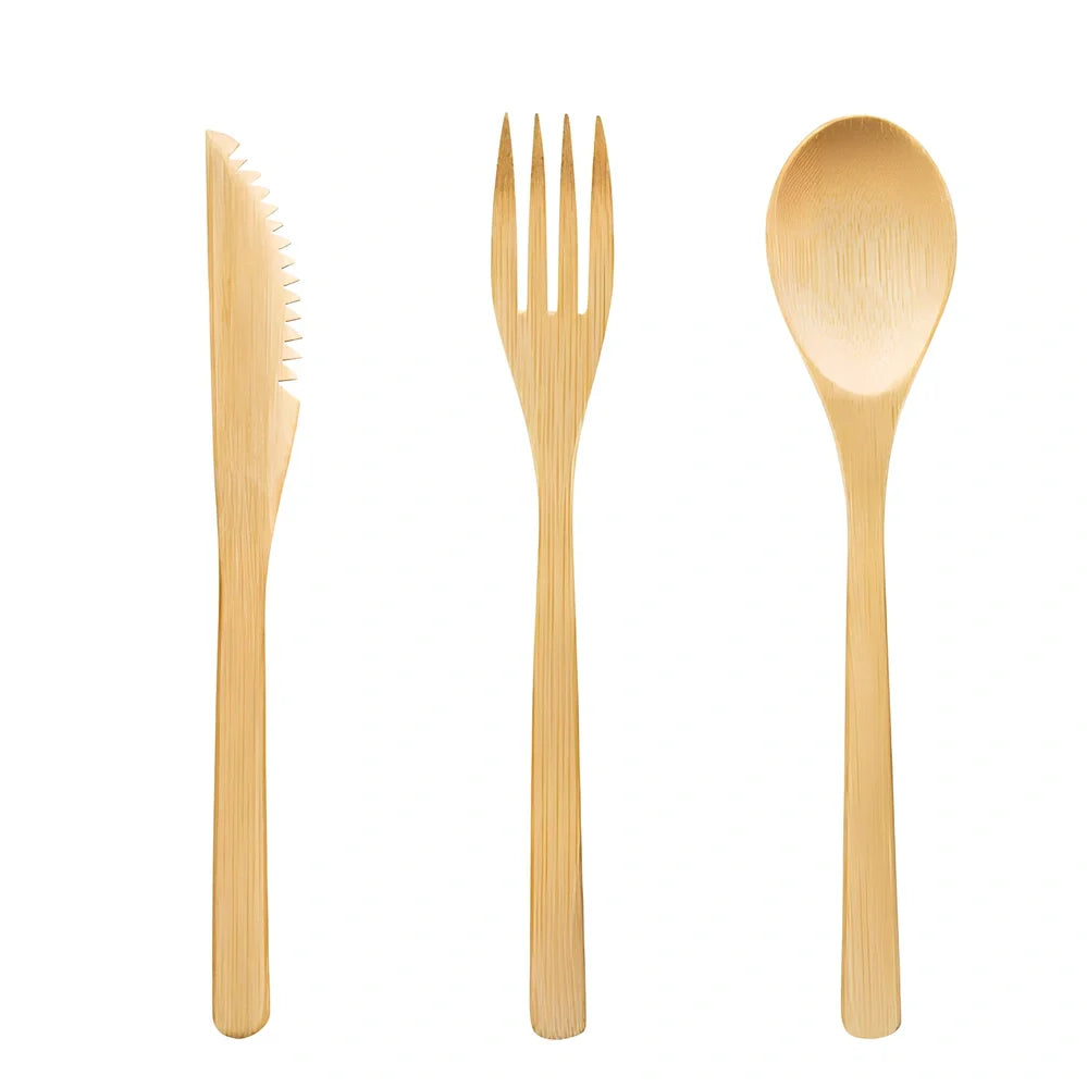 Bamboo cutlery set with 20cm utensils, stainless steel straw and cleaning brush in natural colour