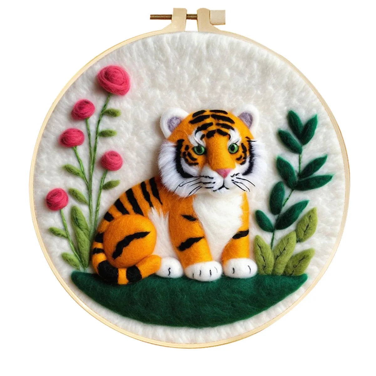 Round fabric embroidery kit with 20x20cm linen frame and wool felt for three-dimensional floral artwork