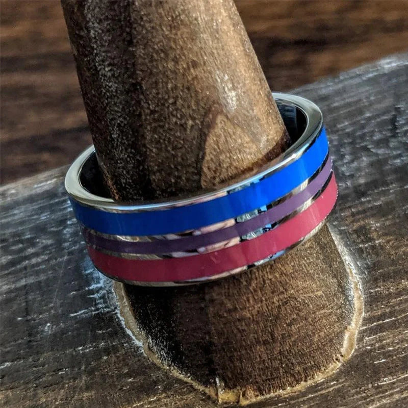 Stylish bisexual pride stainless steel ring with modern geometric design