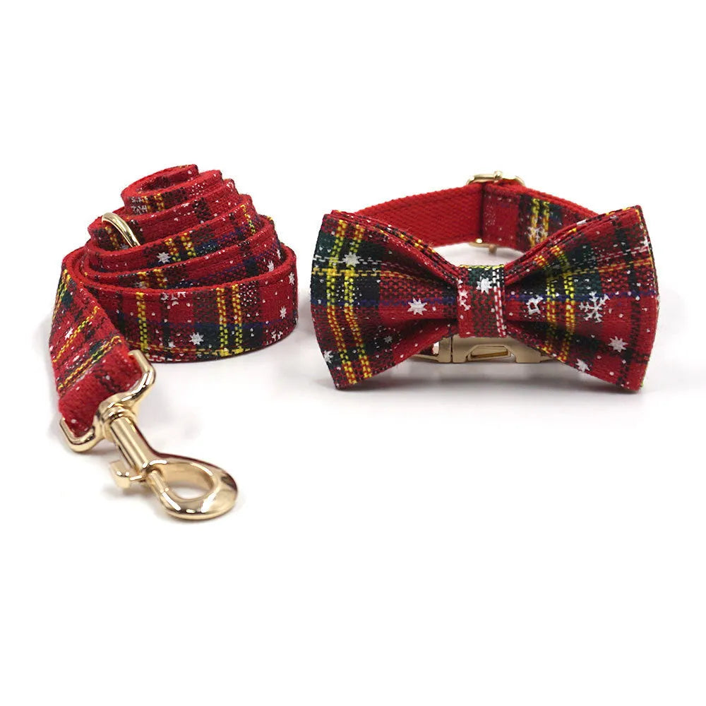Red Christmas pet accessory set showing collar, traction rope, bowknot, harness and stool bag with laser design