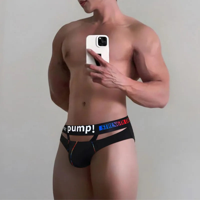 Men's solid colour modal briefs in low waist design, shown in black and white options