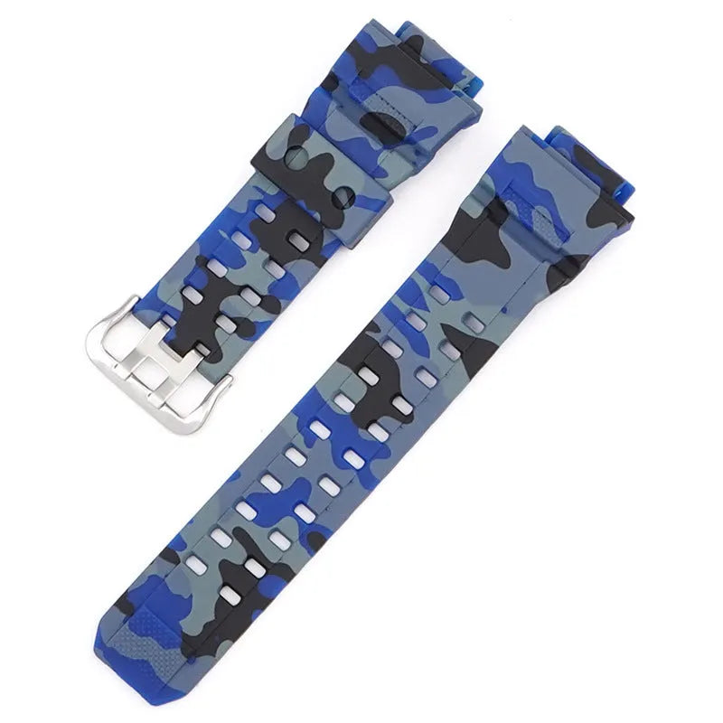 Camouflage pattern TPU watchband with silver buckle showing 12+7cm length and 2mm thickness