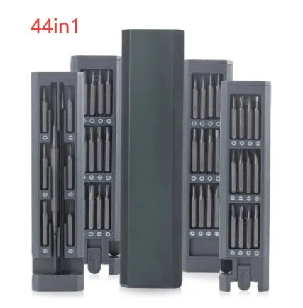 49-in-1 magnetic screwdriver set for phone repair with nickel aluminium bronze handles in a holder.