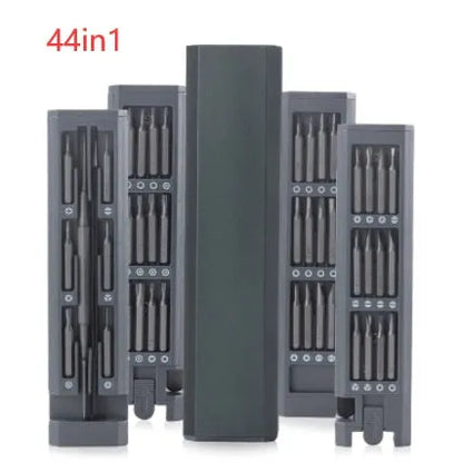 49-in-1 magnetic screwdriver set for phone repair with nickel aluminium bronze handles in a holder.