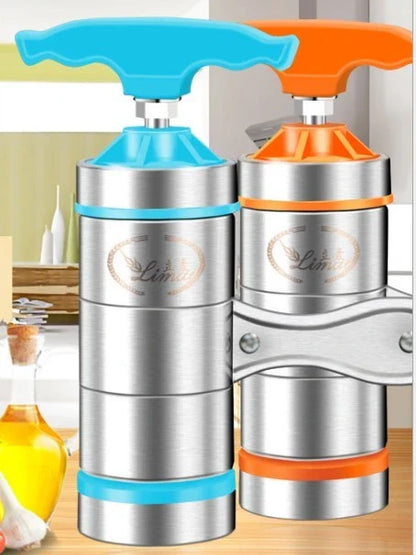 Stainless steel pasta maker with interchangeable noodle molds for creating homemade pasta in various shapes and sizes