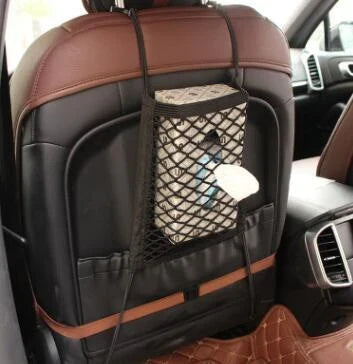 Expandable car seat organizer made of stretchy polyester mesh, with safety hooks for easy installation between driver and passenger seats