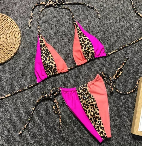 Women's split swimsuit in blue, pink, yellow, red, and white with chest pad