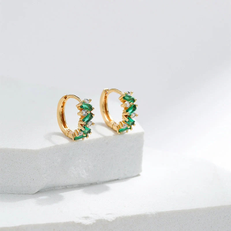 Elegant Leaf Design Zircon Emerald Ear Clips for women, featuring unique inlays and 18K copper material.
