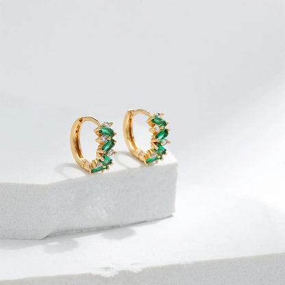 Elegant Leaf Design Zircon Emerald Ear Clips for women, featuring unique inlays and 18K copper material.