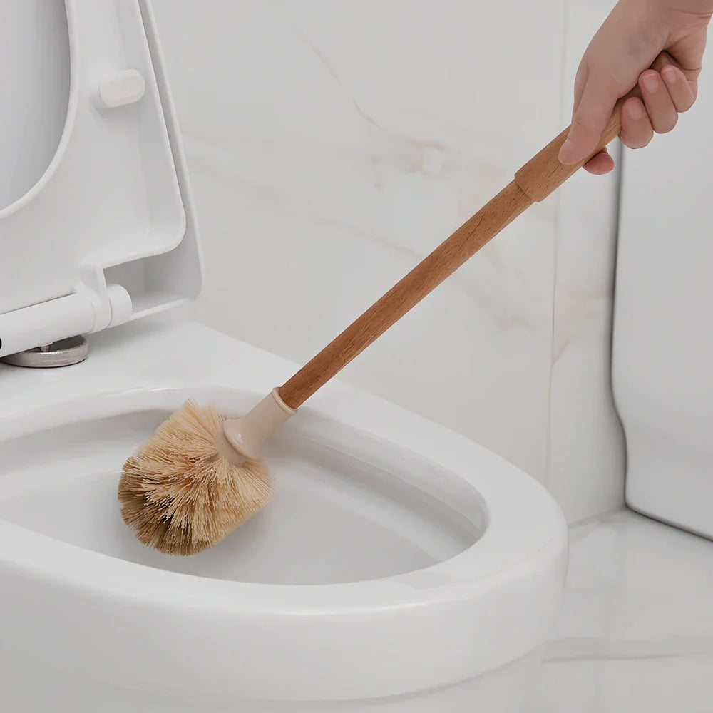 Wooden toilet brush with 360 degree bristles and natural beech handle for bathroom cleaning