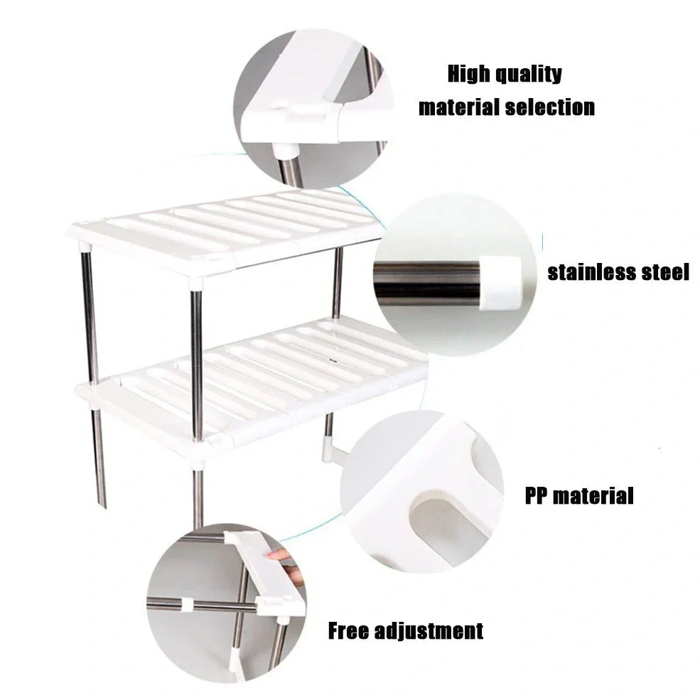 White retractable kitchen shelf with two tiers and adjustable length from 36cm to 70cm