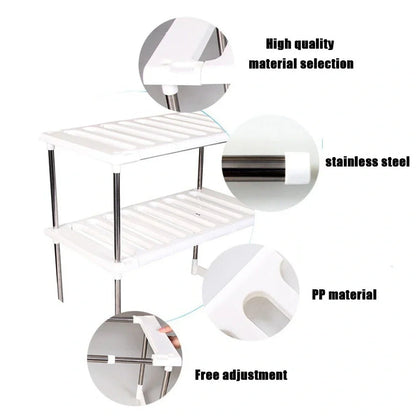 White retractable kitchen shelf with two tiers and adjustable length from 36cm to 70cm