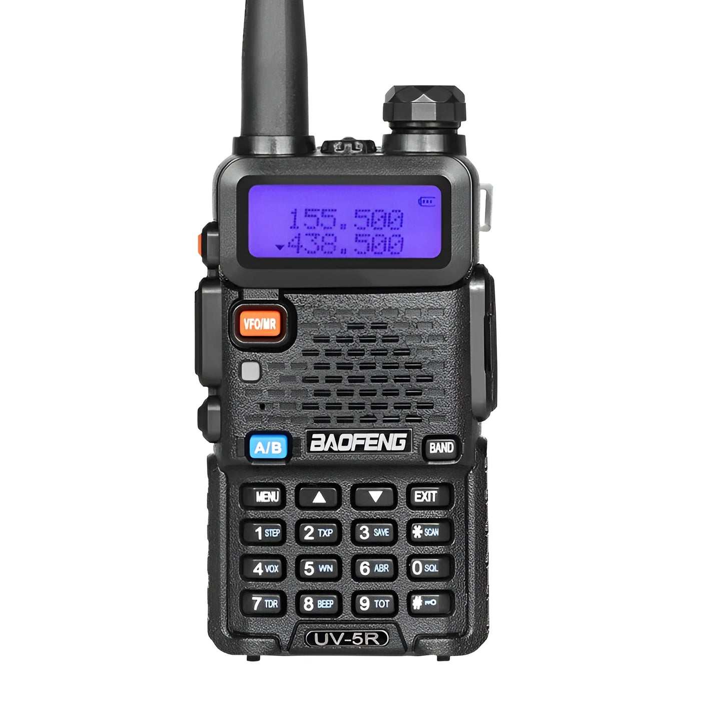 Black walkie talkie with LCD display showing 128 channels, compact dimensions of 110x58x32mm.