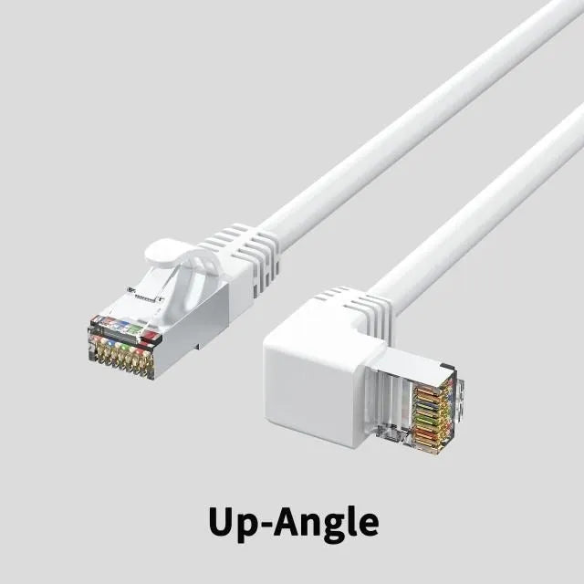 Black Cat6 Ethernet cable with a right-angled metal RJ45 connector, showing the 90-degree bend and cable length.