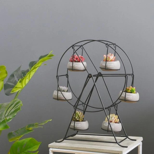 Ferris Wheel stand with 6 cement succulent plant pots in various colors