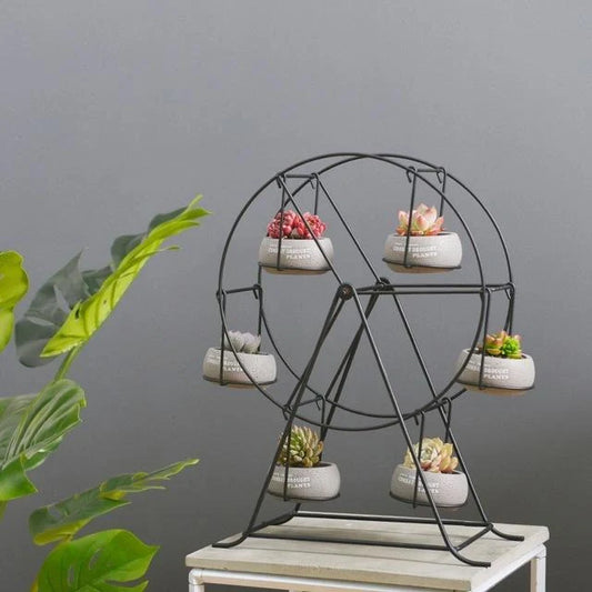 Ferris Wheel stand with 6 cement succulent plant pots in various colors