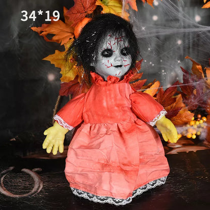Halloween voice-activated walking doll with glowing eyes and speech capabilities