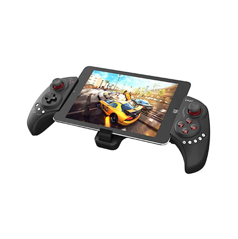 Wireless telescopic game controller extended with a phone inserted, showing buttons and USB port.