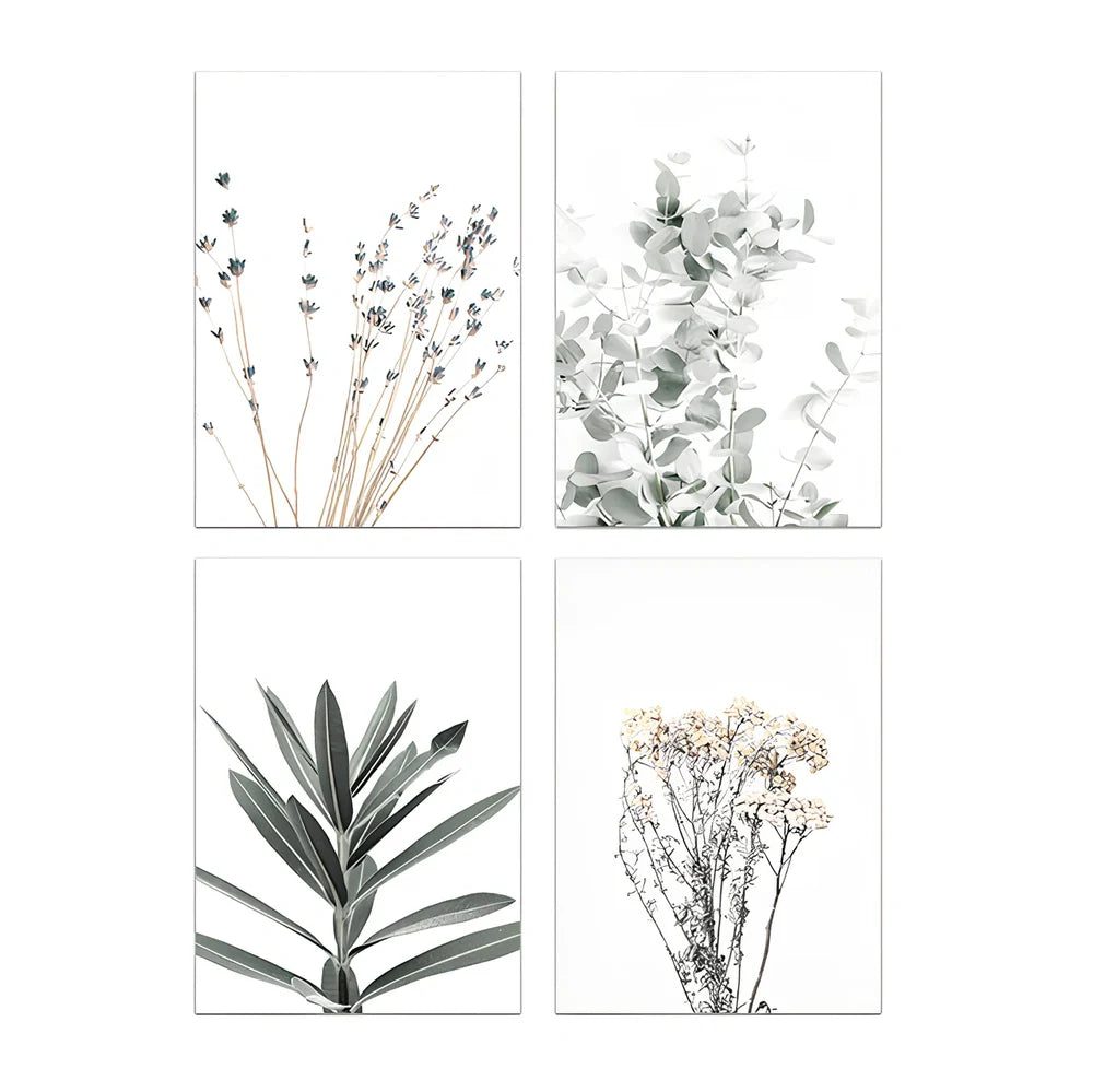 Frameless canvas painting with detailed flower, grass and leaf botanical patterns in Nordic style