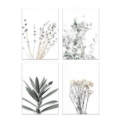 Frameless canvas painting with detailed flower, grass and leaf botanical patterns in Nordic style