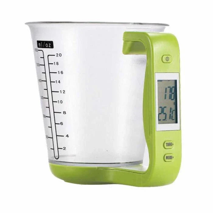 Digital kitchen scale with measuring cup, weight and temperature display