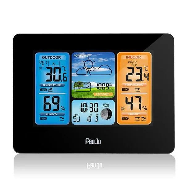 Rectangular LCD weather station showing temperature, humidity and weather forecast data