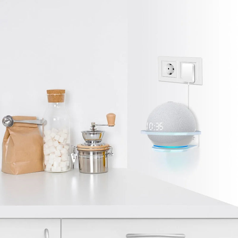 Echo Dot 4 speaker wall bracket desktop bracket for secure mounting, a plastic audio accessory requiring two wall holes for easy installation, convenient and unique in white colour.