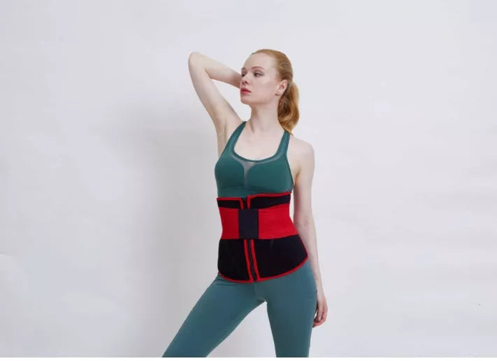 Sport double belt compression belly corset in red and black for core support during workouts
