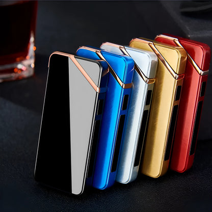 USB rechargeable double arc lighter in zinc alloy with ice noodle finish, 73x35x11mm, available in six colours