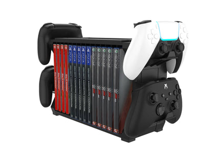 Black PS5 and Xbox Series X disc holder with game cartridge slots and four controller handle storage