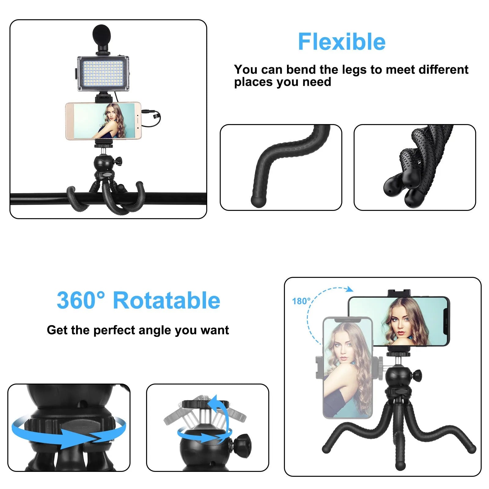Black flexible phone tripod with integrated fill light and microphone for Apple iPhone live streaming