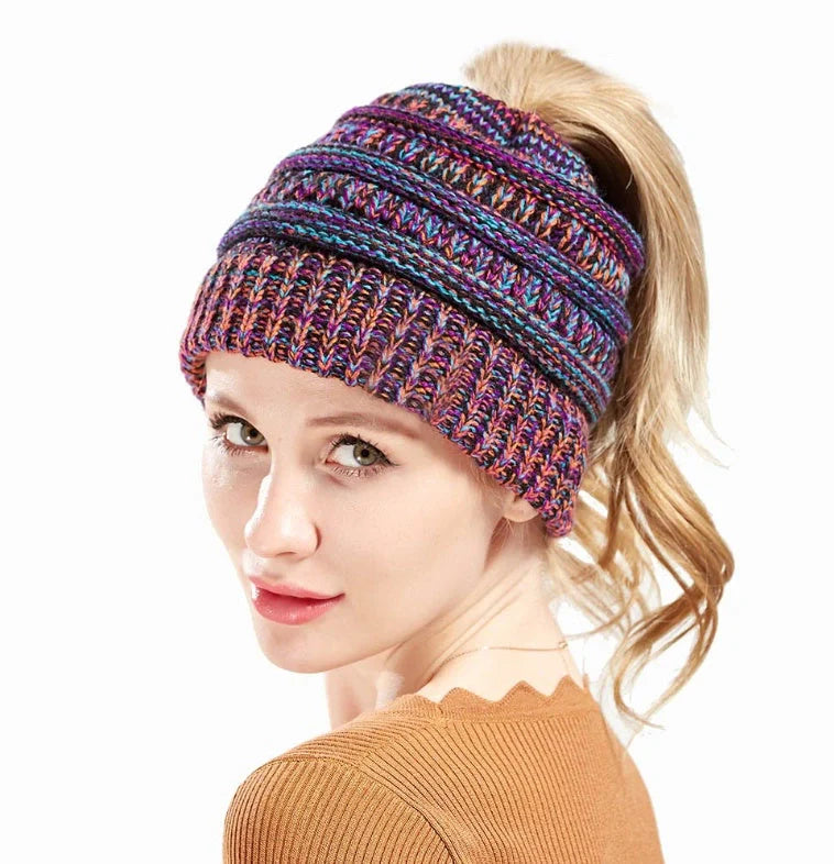 Mixed color knitted wool hat for ladies with ponytail opening in various colors