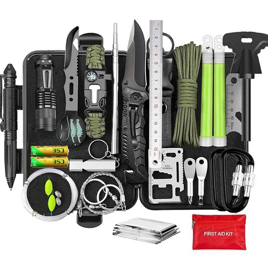 Outdoor survival kit with alloy multi-tool, emergency whistle, compass, and tools in waterproof plastic case