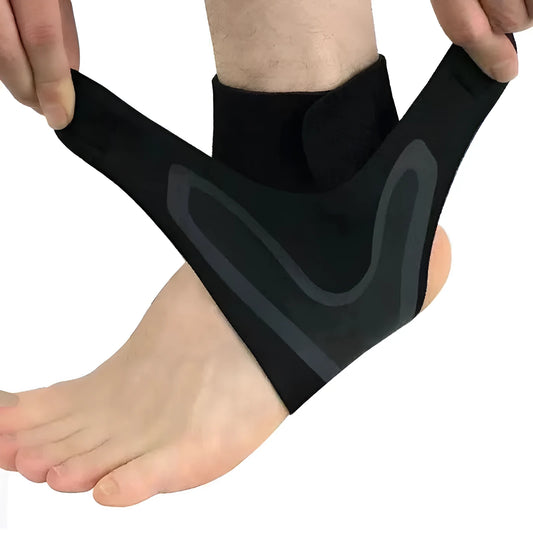 Ankle support brace for the right or left foot in sizes medium, large, and extra-large.
