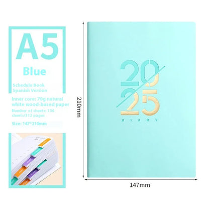 A5 daily planner with faux leather cover in blue, showing open pages and bound spine.