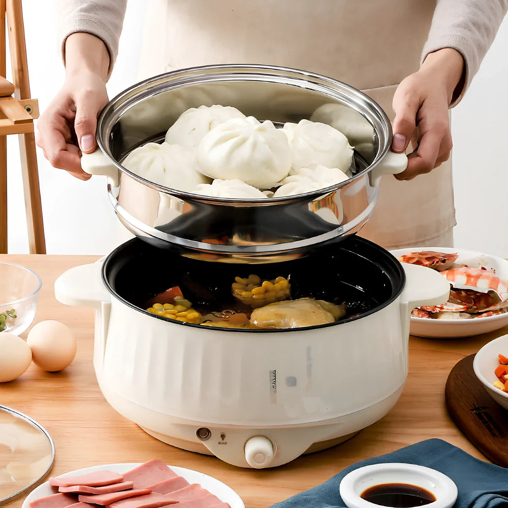 Beige 1.7L electric cooker with 20cm pot and steamer, 400W/800W power for household boiling