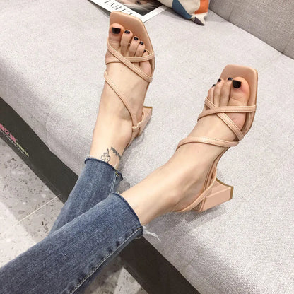 Women's thick-heel sandals with 8cm+ middle heel, one-word strap design in apricot colour showing backless style