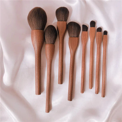 Wood handle makeup brush set with natural goat hair bristles and walnut wood handles